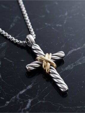 David Yurman Two-Tone Twisted Rope Cross Pendant Necklace - Silver & Gold